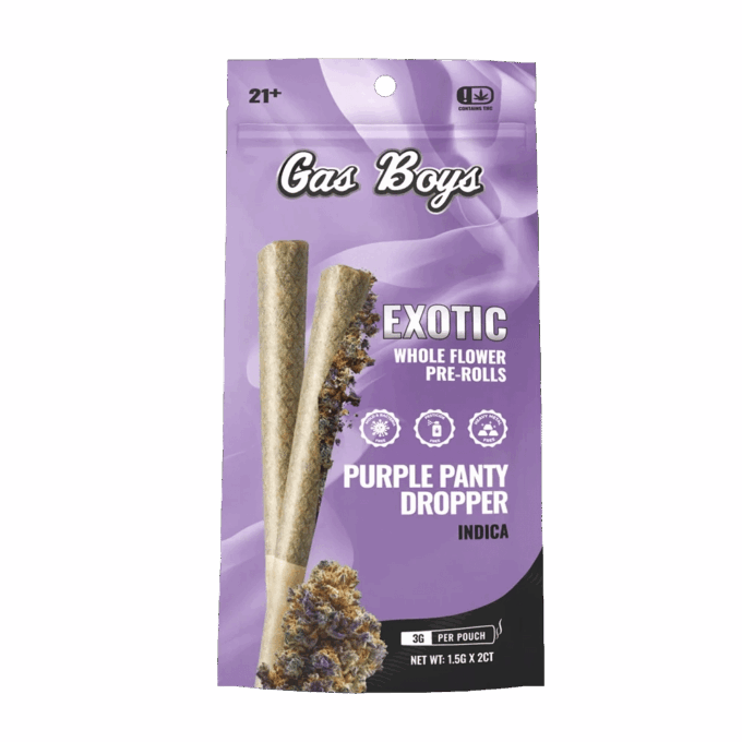 Purple_Panty_Dropper_Whole_Flower_Pre_Roll_Bag_copy Gas Boys Purple Panty Dropper THCA Pre-Rolls 2ct | 1.5g Each