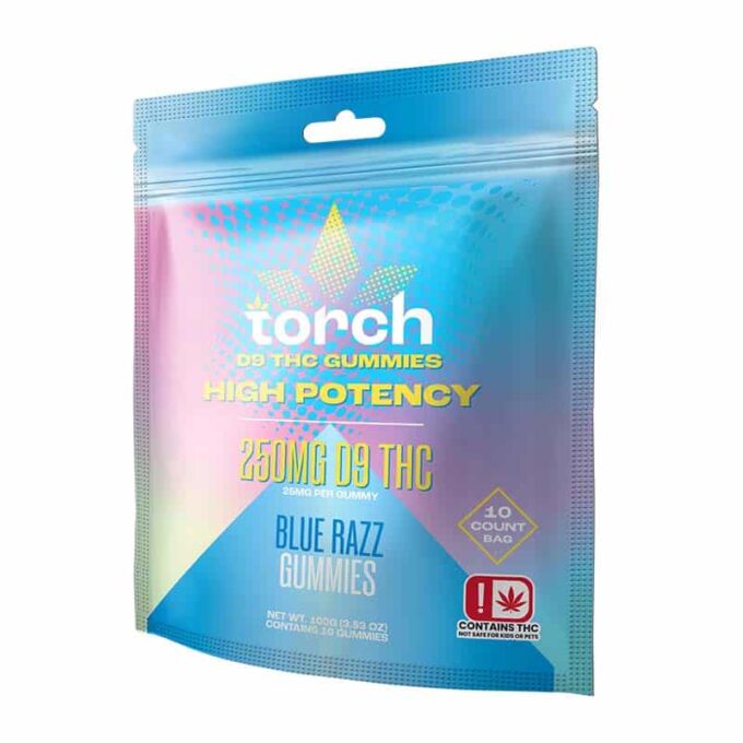 Torch-D9-250mg-High-Potency-Gummies-V2-3-4-View-Blue-Razz-1 Torch Blue Razz Delta 9 Gummies 25mg – 10-Pack
