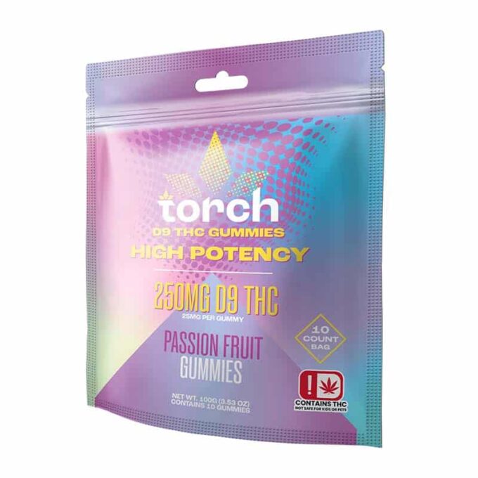 Torch-D9-250mg-High-Potency-Gummies-V2-3-4-View-Passion-Fruit-1 Torch Delta 9 Passion Fruit Gummies 25mg – 10 Pack